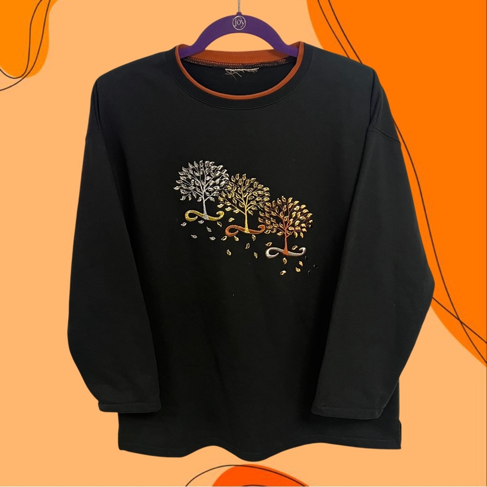 Vintage cozy autumn leaves and trees embellished black crewneck sweater